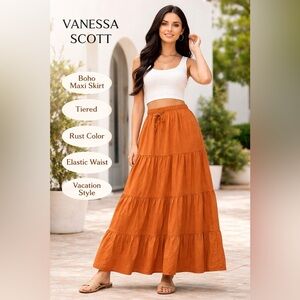 Vanessa Scott size S/M Rust Maxi Skirt Tiered Cotton Boho Coastal Beach Vibes